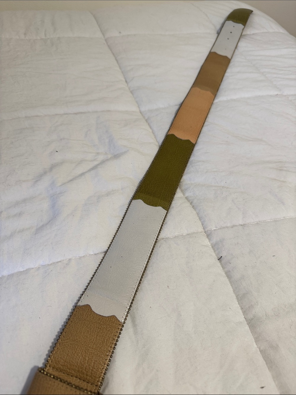 Vintage Sandy Duftler Designs 1999 Wide Leather Statement Belt Tan White Olive - Picture 4 of 10